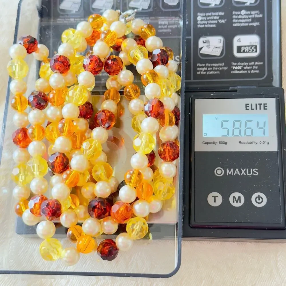 26” Acrylic Honey Yellow and Brown Beaded Necklace Faux Pearl Spacers VNTG 60’s